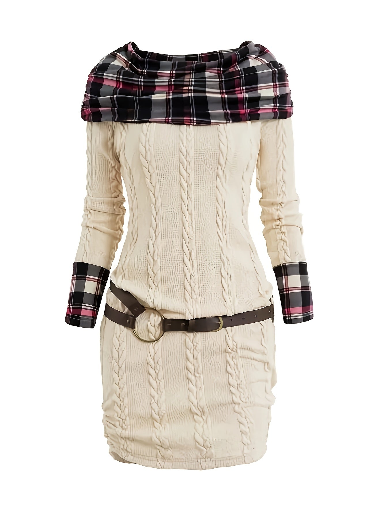Plaid Patchwork Cable Knit Bodycon Sweater Dress Chic