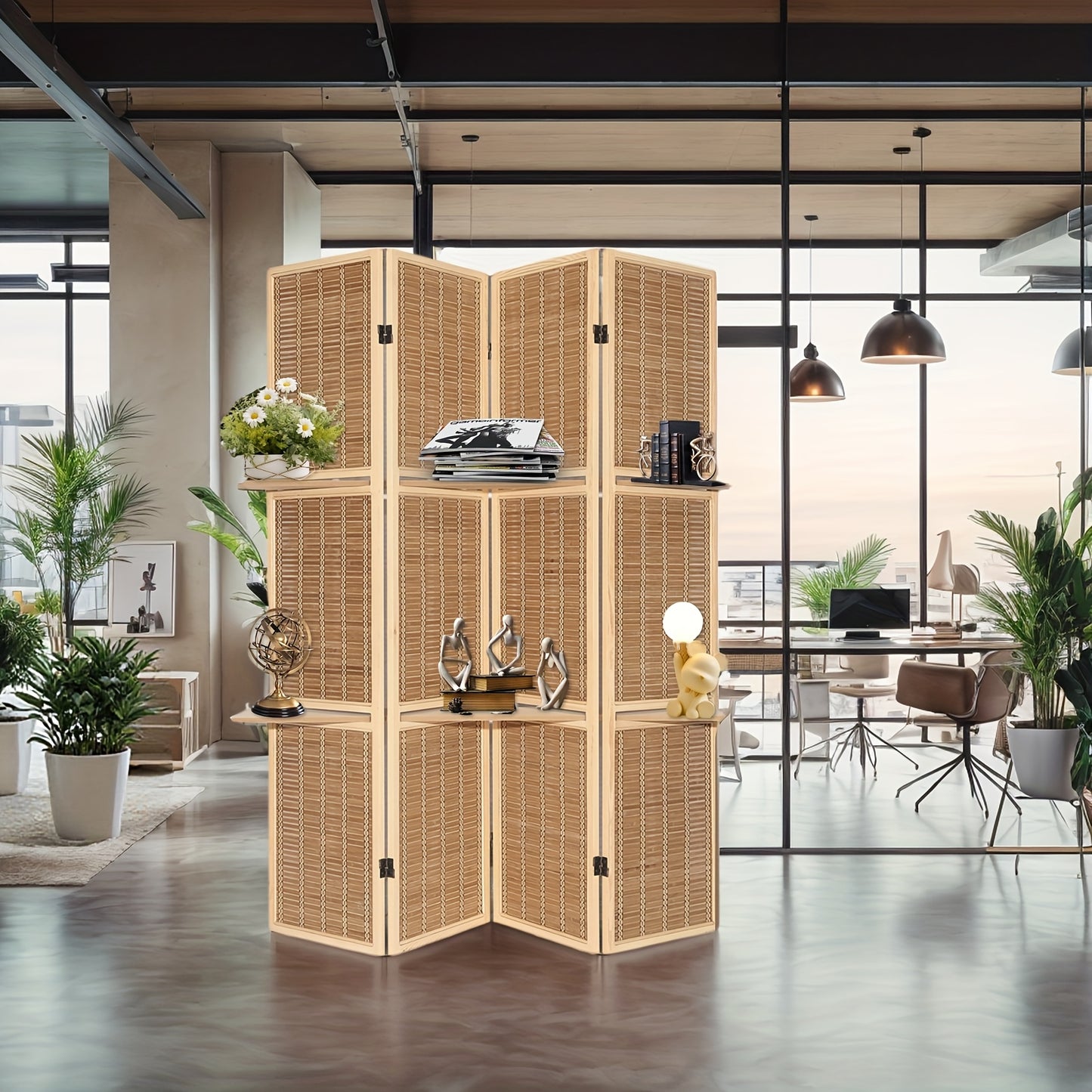 ZFFURN 4 Panel Folding Wood And Bamboo Privacy Screen