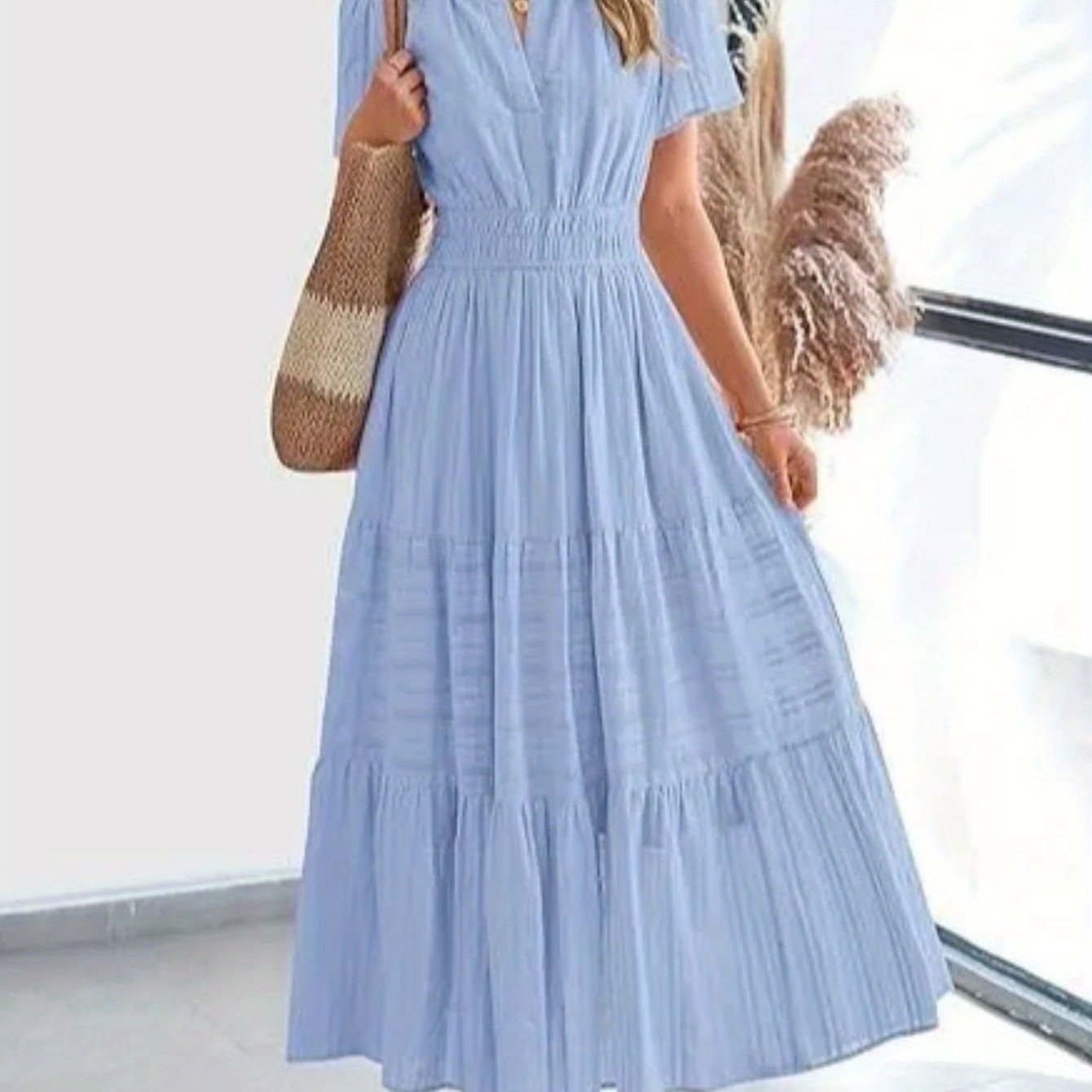 ZOELNIC Pleated Bubble Sleeve Dress V Neck Elegant Swing