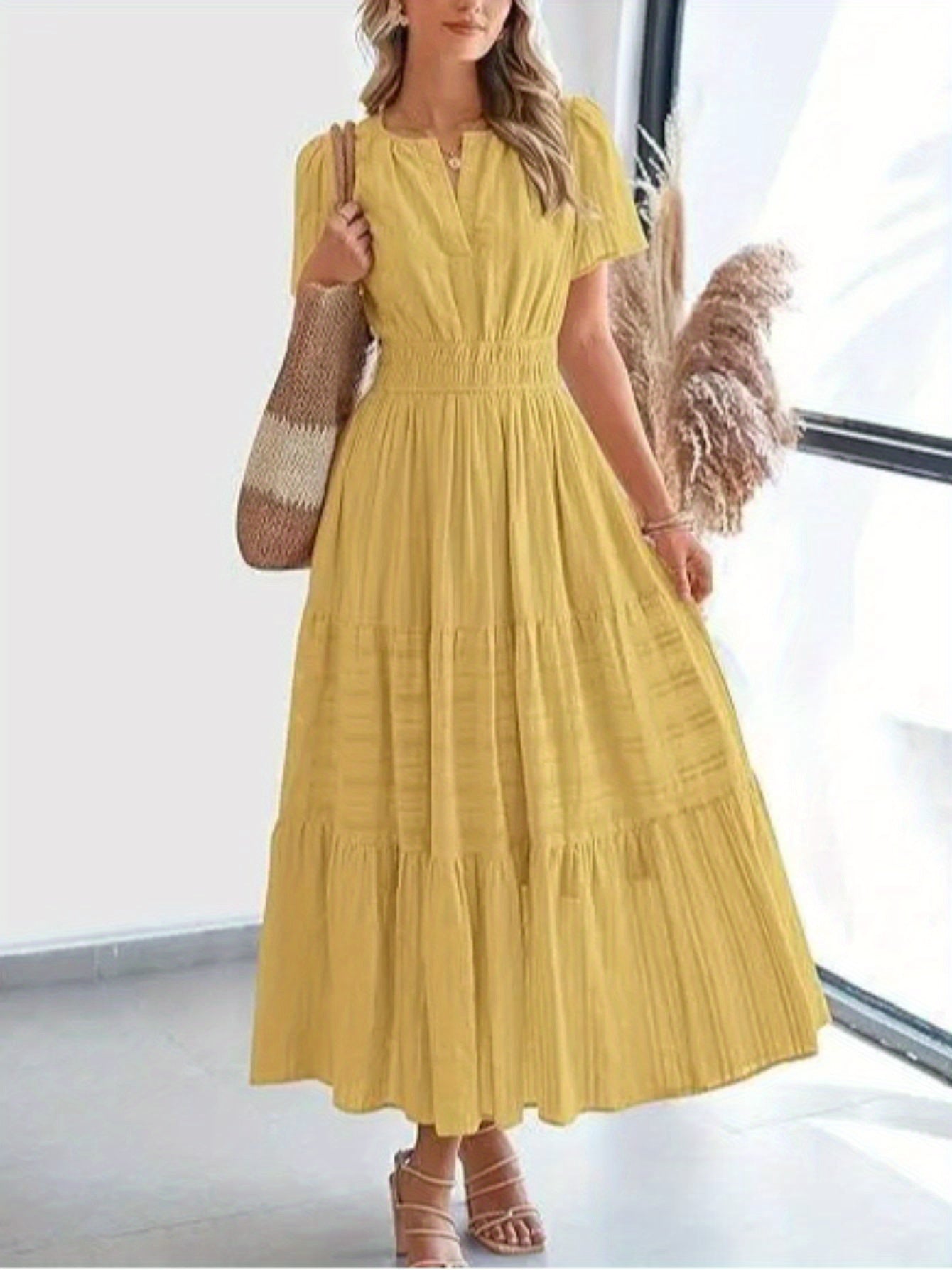 ZOELNIC Pleated Bubble Sleeve Dress V Neck Elegant Swing
