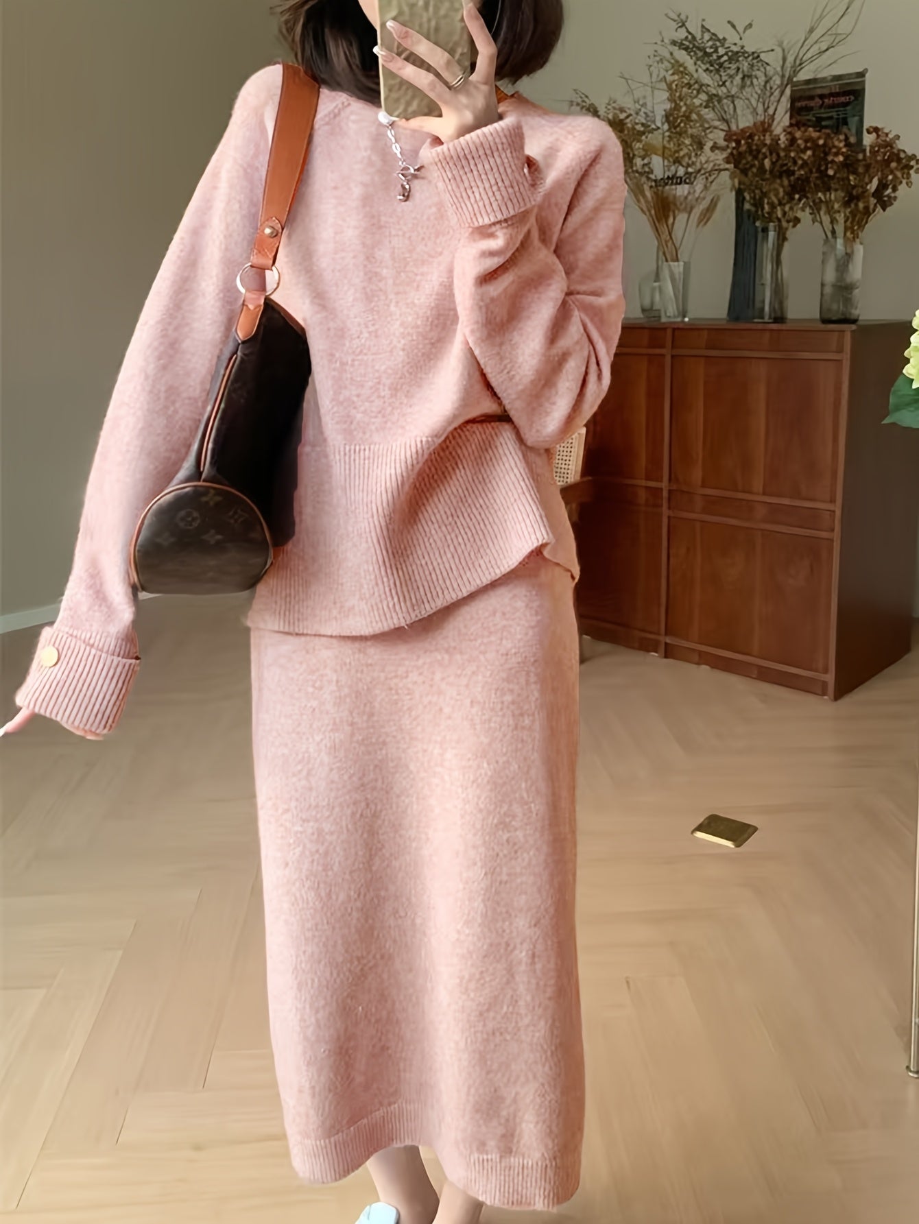 French Inspired Loose Fit Sweater And Skirt Set For Women