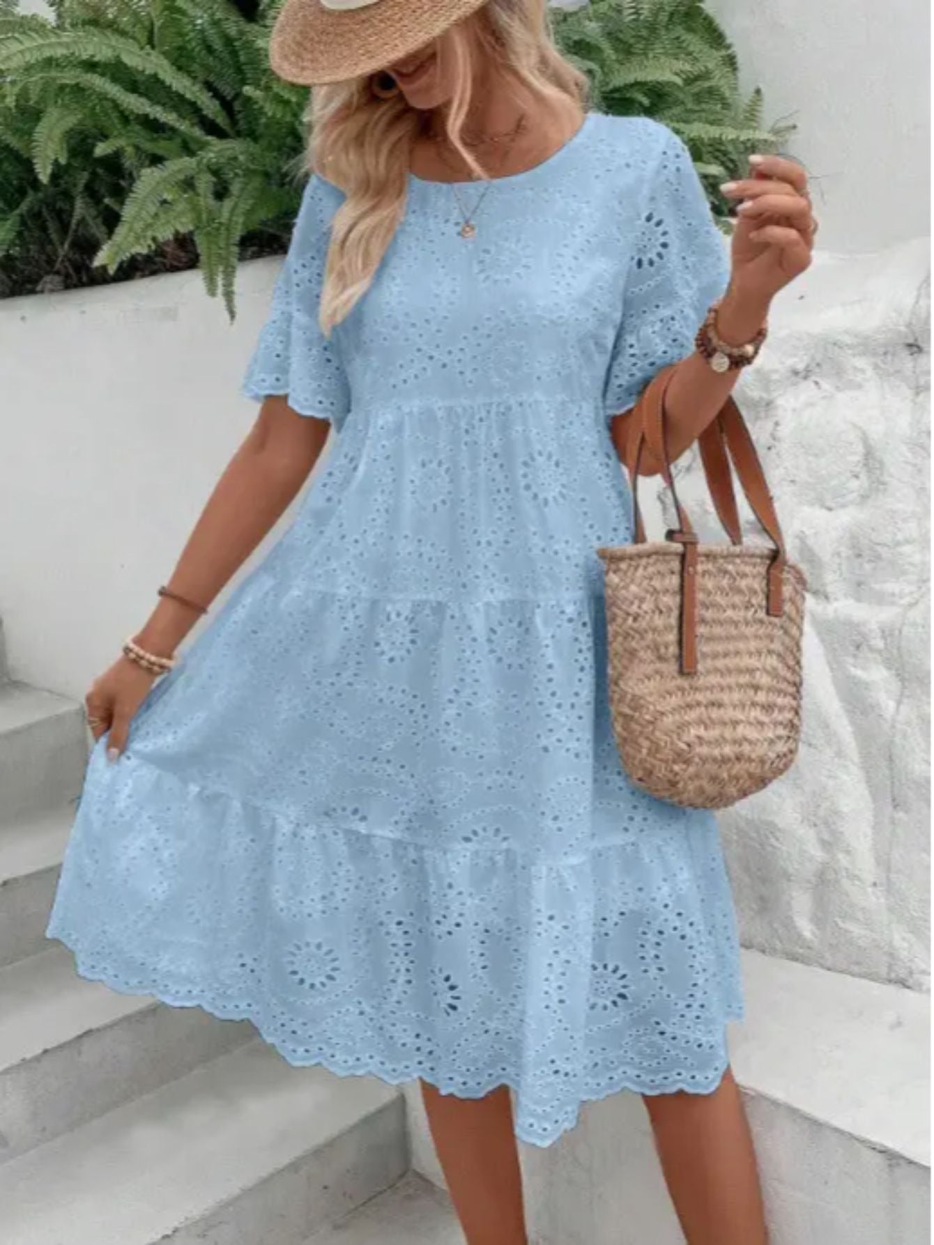 Lined Embroidered Lace Eyelet A Line Dress Button Front