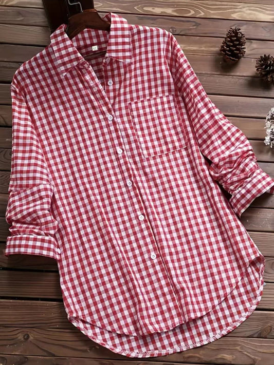 Vintage Gingham Shirt For Women Long Sleeve Button Up