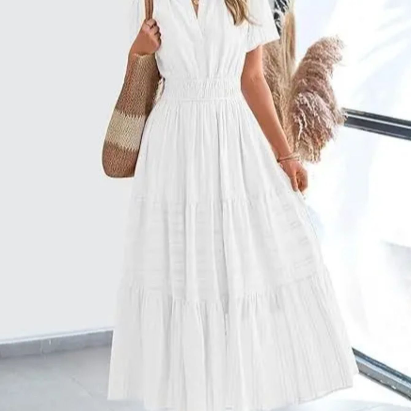 ZOELNIC Pleated Bubble Sleeve Dress V Neck Elegant Swing