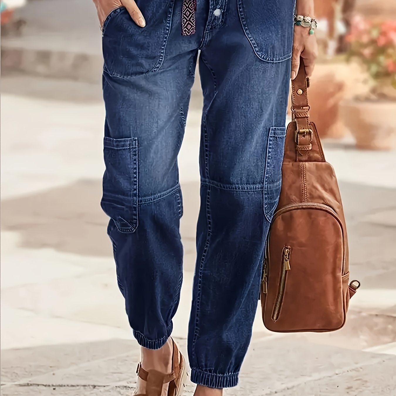 HME Womens Vintage Cargo Jeans Stretch Cropped Denim