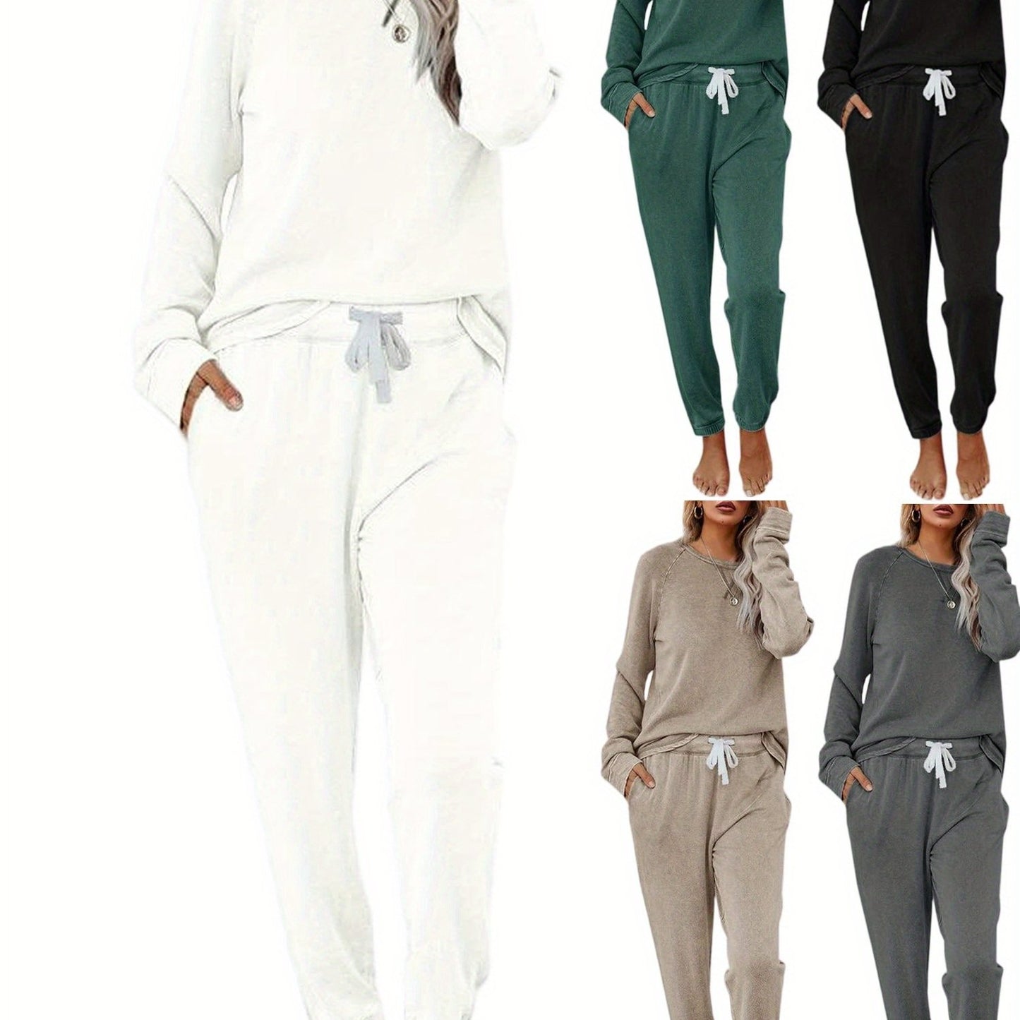 Women Solid Sweatsuit Set Crewneck Pullover Sweatpants