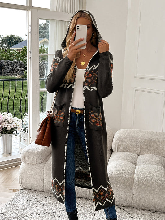 Jacquard Cardigan Geometric Knit With Pockets Fall Winter