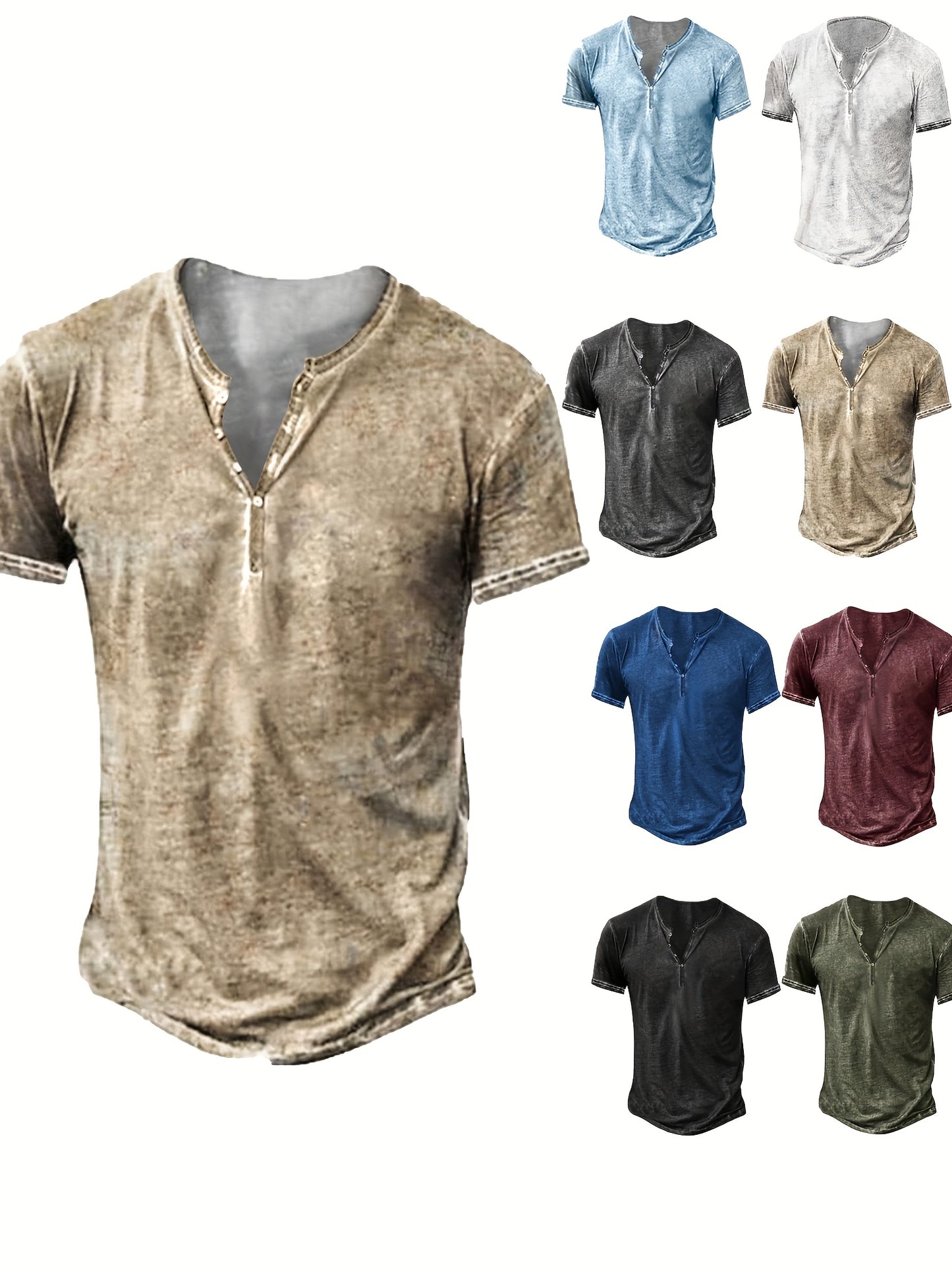 Mens Distressed Henley Shirt Short Sleeve Cotton Slim Fit