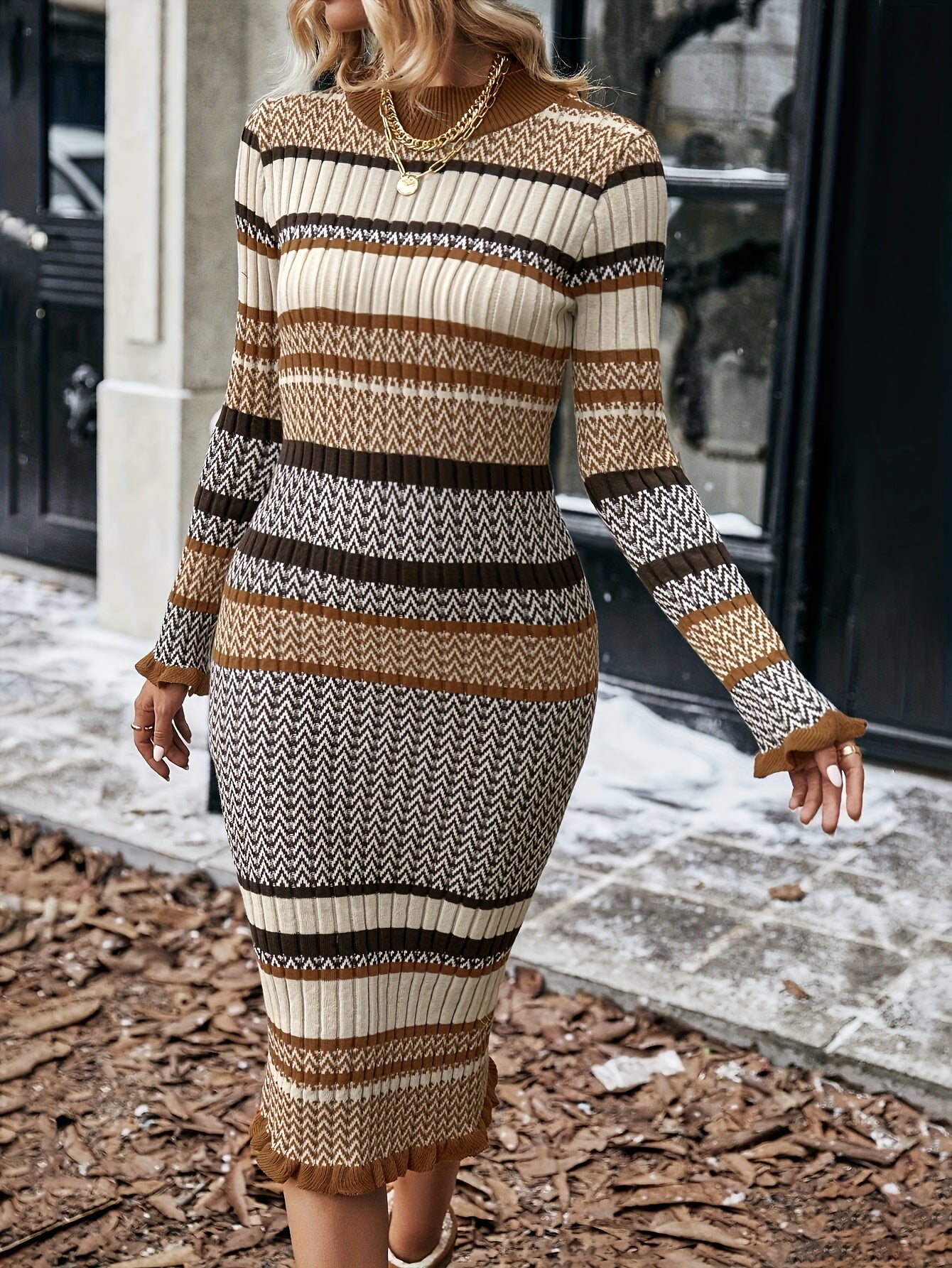 Striped Long Sleeve Sweater Dress With Ruffled Edges