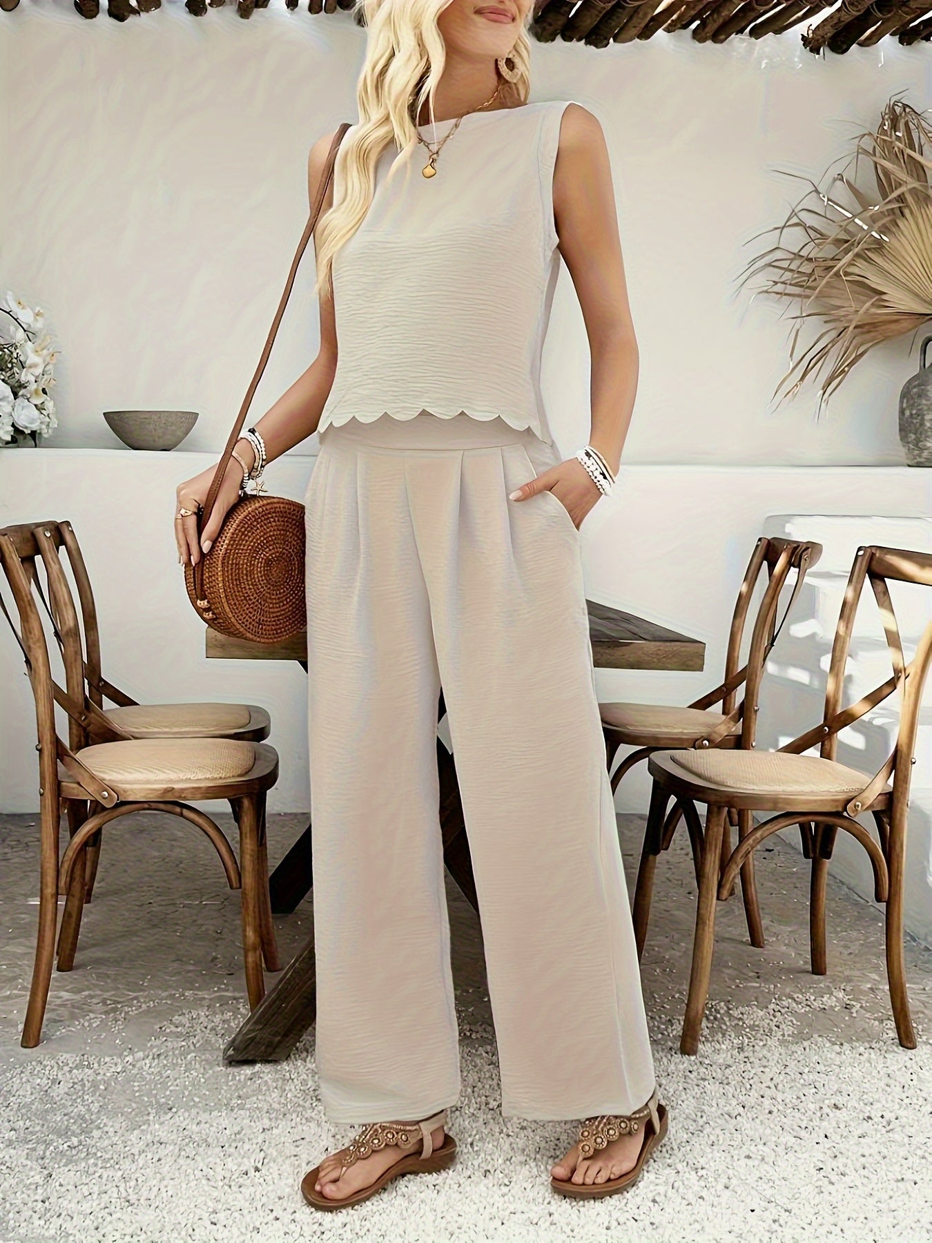 Women's Petal Edge Tie Waist Pants Vest Set Essential