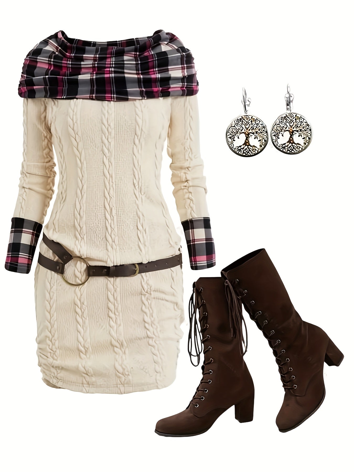 Plaid Patchwork Cable Knit Bodycon Sweater Dress Chic