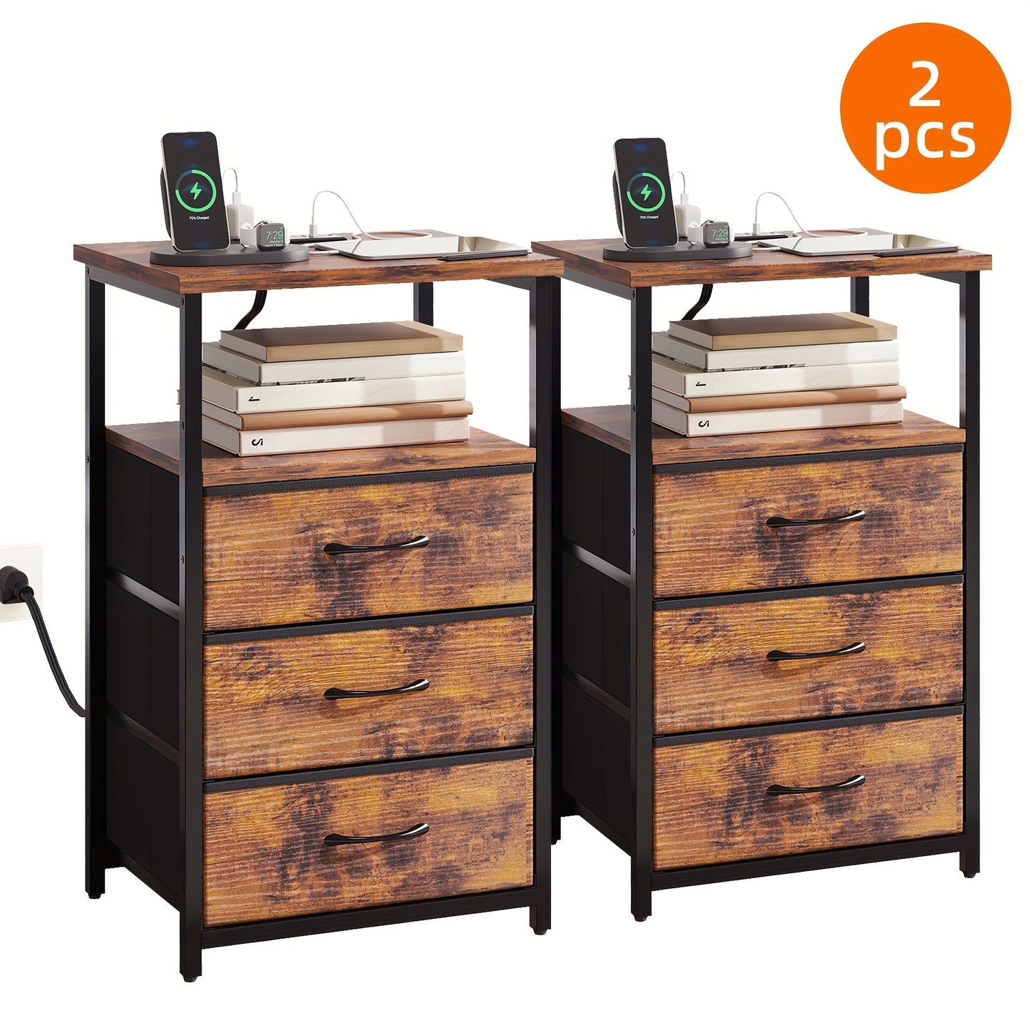 WHONLINE Night Stand with Charging Station and Fabric Drawers