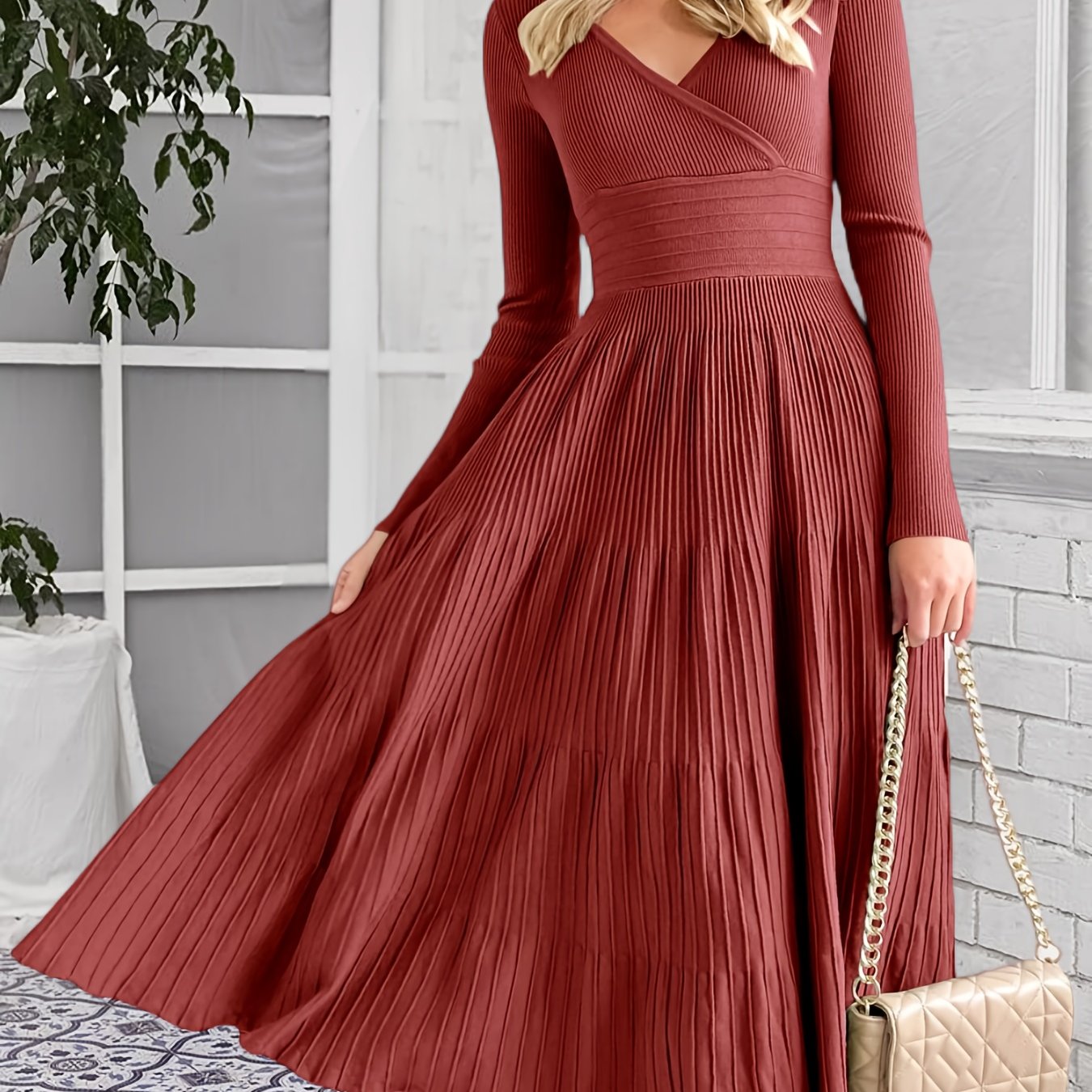 Womens V Neck Midi Sweater Dress Wrap Pleated A Line