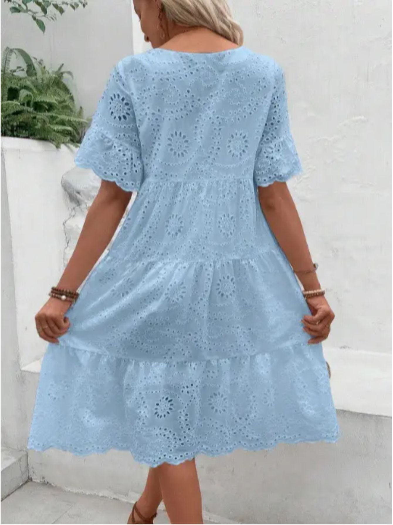 Lined Embroidered Lace Eyelet A Line Dress Button Front