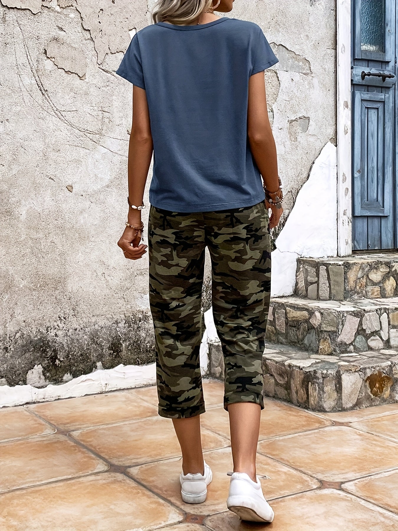 SCACTO Dolman Sleeve T Shirt Camouflage Drawstring Pants Set