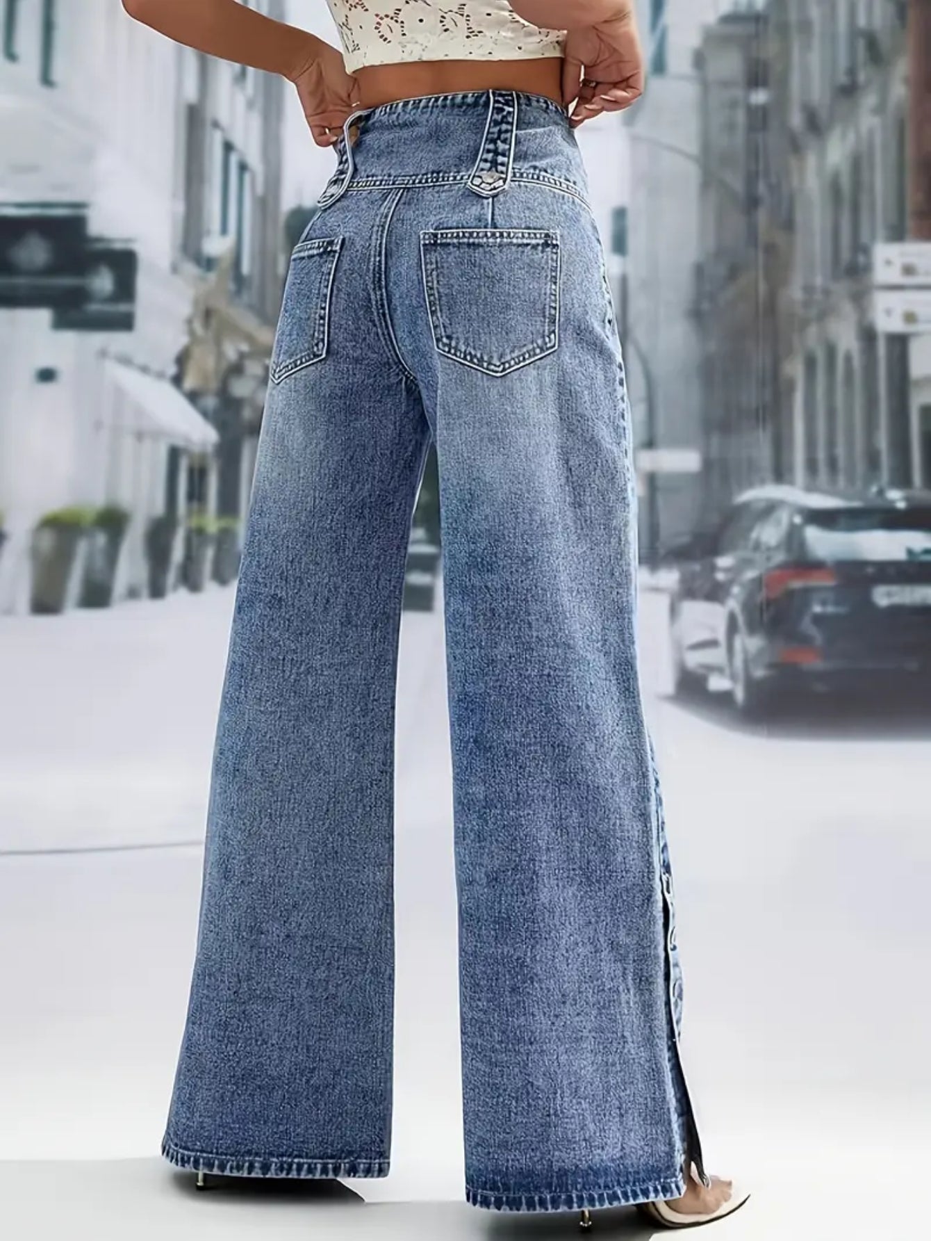 Casual Denim Baggy Wide Leg Jeans for Women Loose Fit Button Waist with Open Button Foot Design