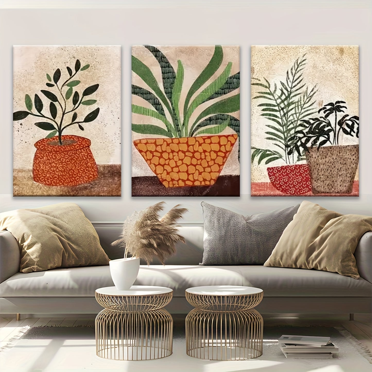 Boho Style Wooden Framed Wall Art Set with Green Abstract Design