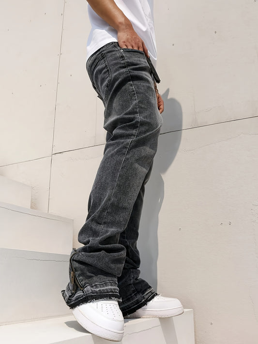 HME Men's Slimming Straight Jeans Split Hem Zipper Denim