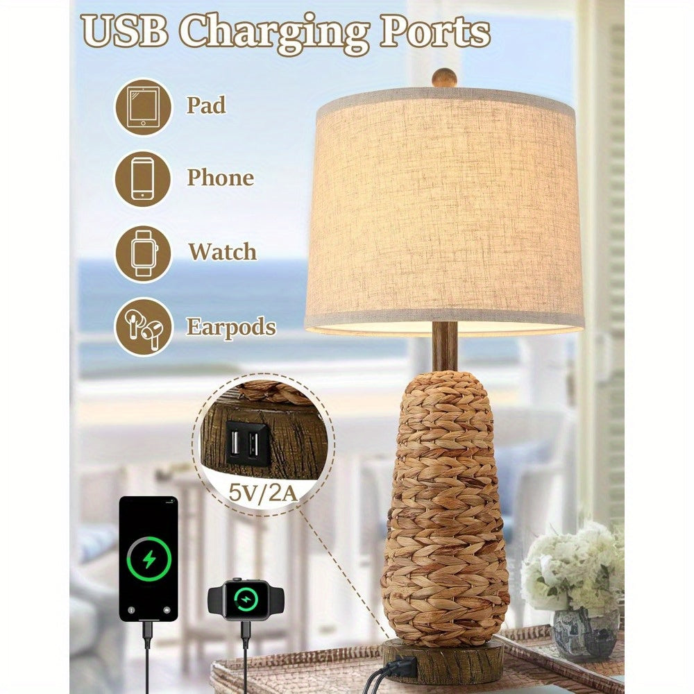 BrightEver Rattan Table Lamps Set With USB Ports 2