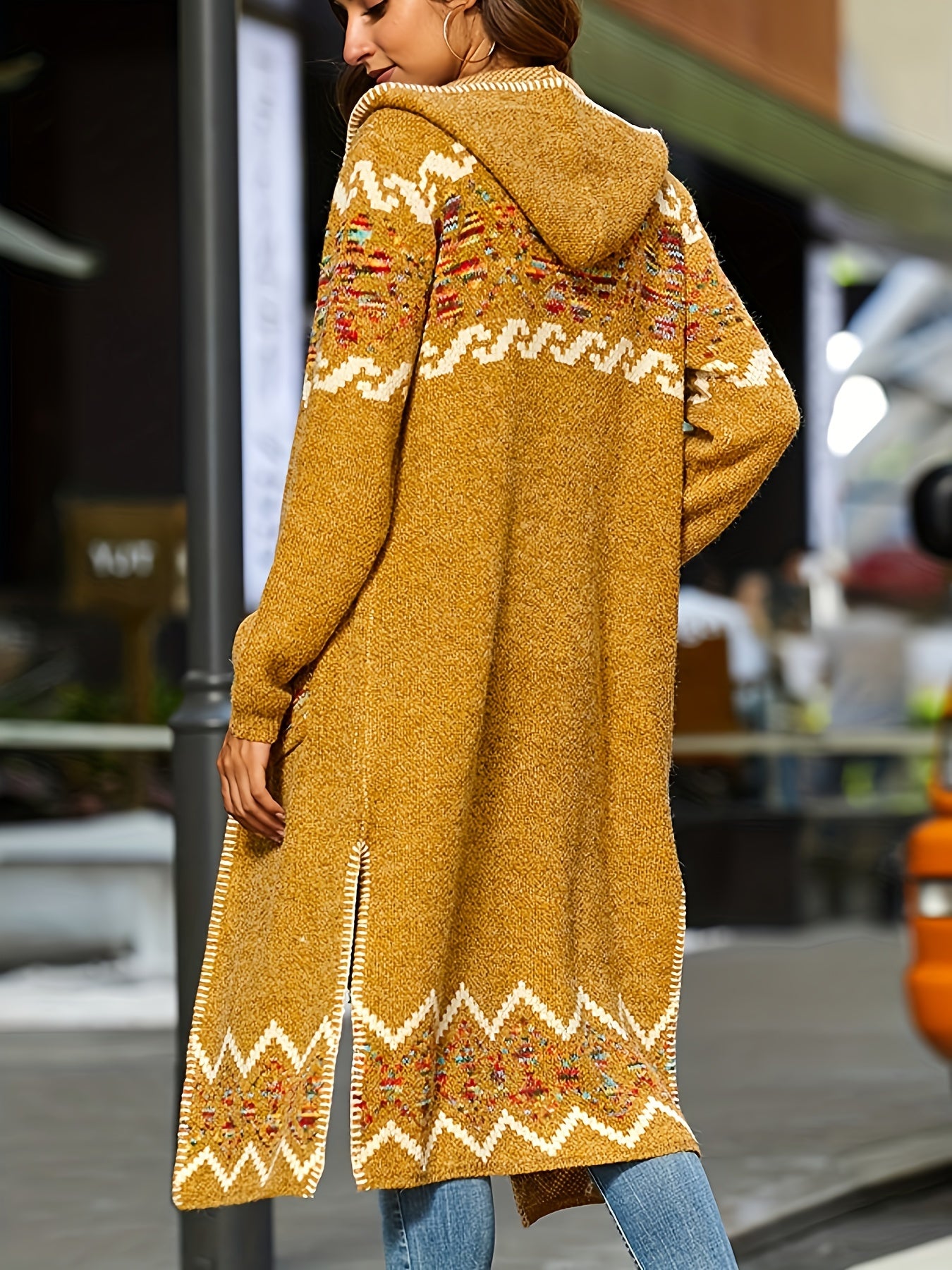 Jacquard Cardigan Geometric Knit With Pockets Fall Winter