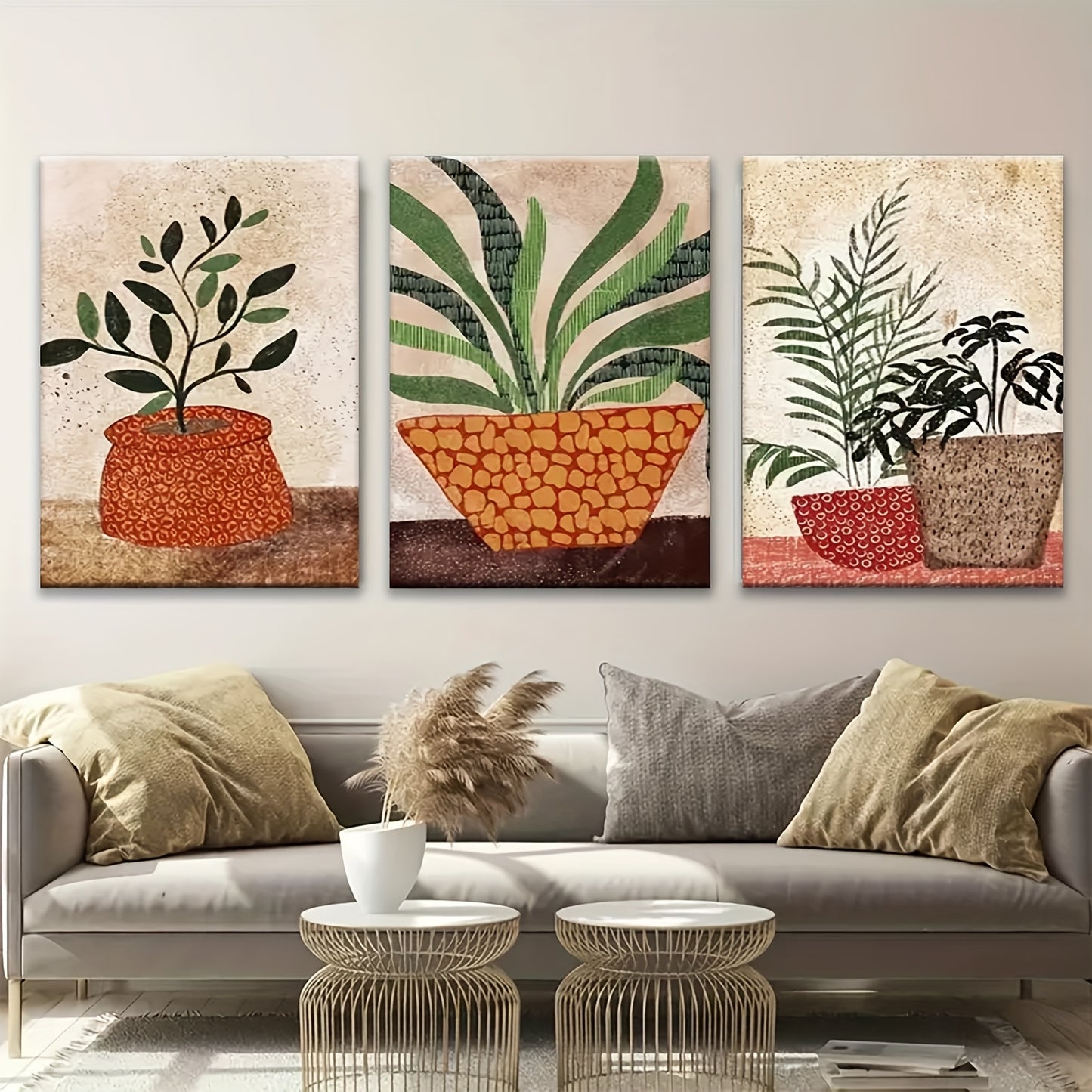 Boho Style Wooden Framed Wall Art Set with Green Abstract Design