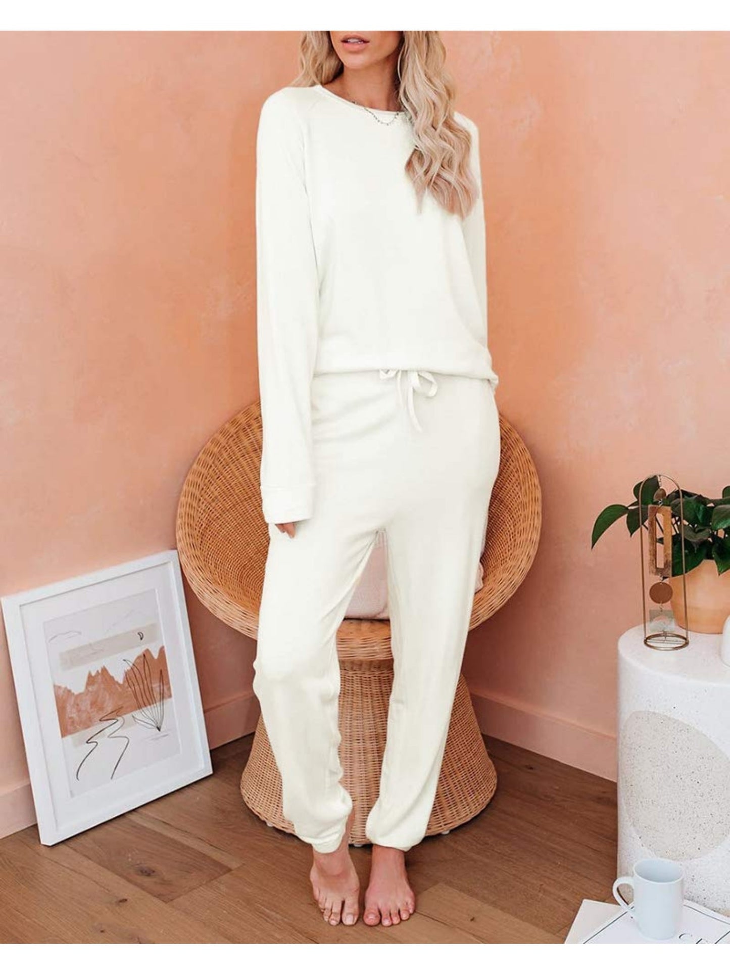 Women Solid Sweatsuit Set Crewneck Pullover Sweatpants