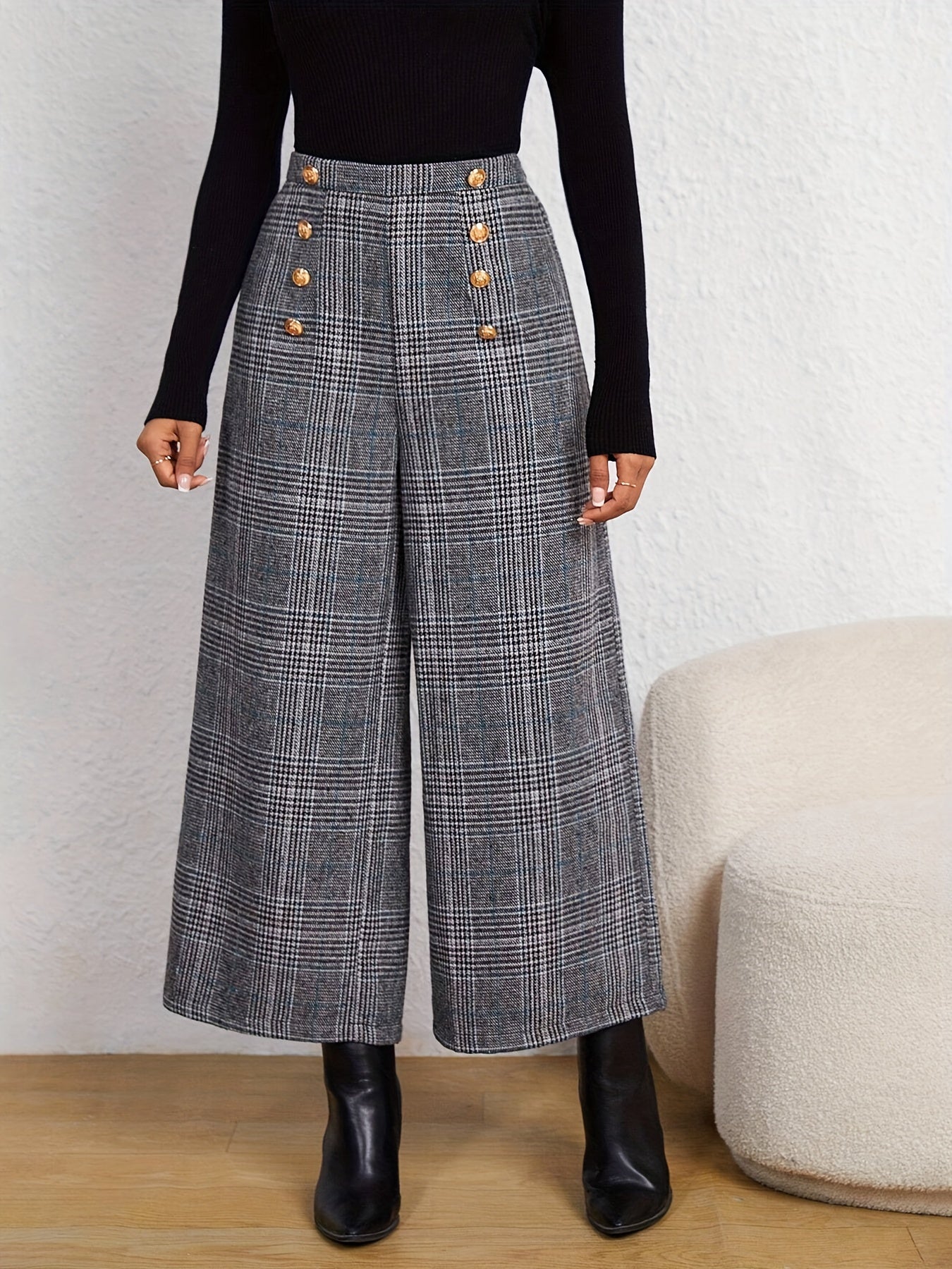 Plaid Print Wide Leg Pants With Button High Waist For All Season Spring And Summer