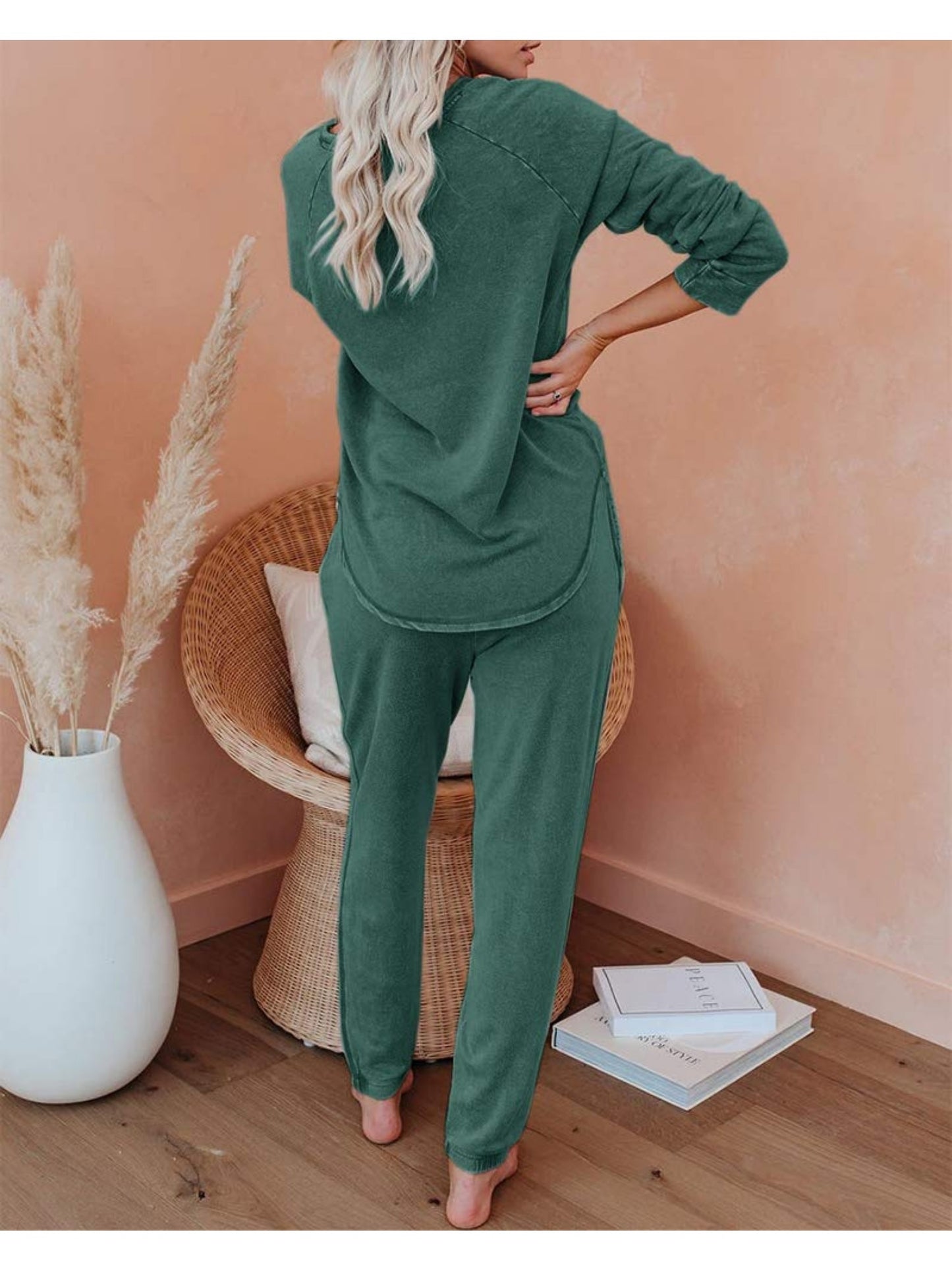 Women Solid Sweatsuit Set Crewneck Pullover Sweatpants