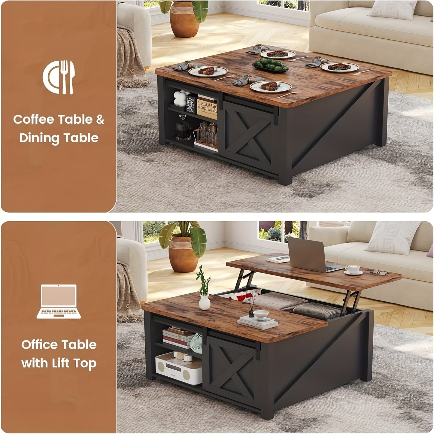 MSMASK Farmhouse Lift Top Coffee Table With Storage