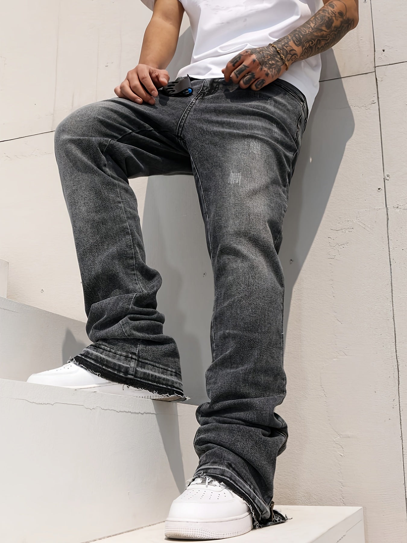 HME Men's Slimming Straight Jeans Split Hem Zipper Denim