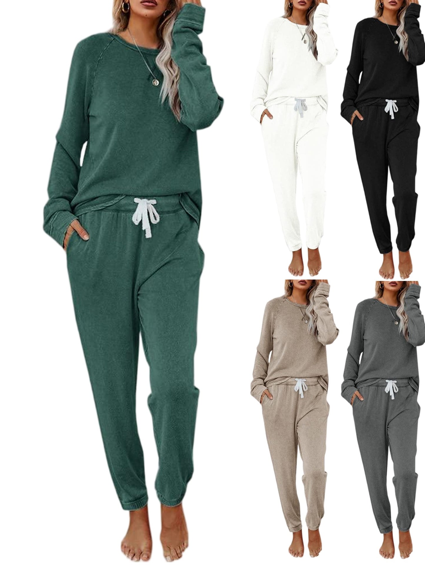 Women Solid Sweatsuit Set Crewneck Pullover Sweatpants