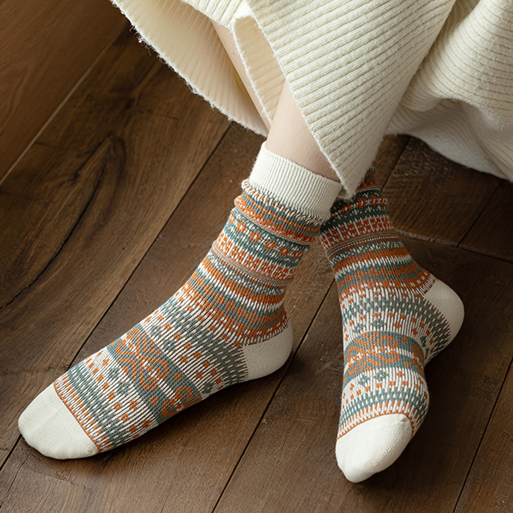 Retro Ethnic Mid Calf Socks For Women Chunky Knit Autumn