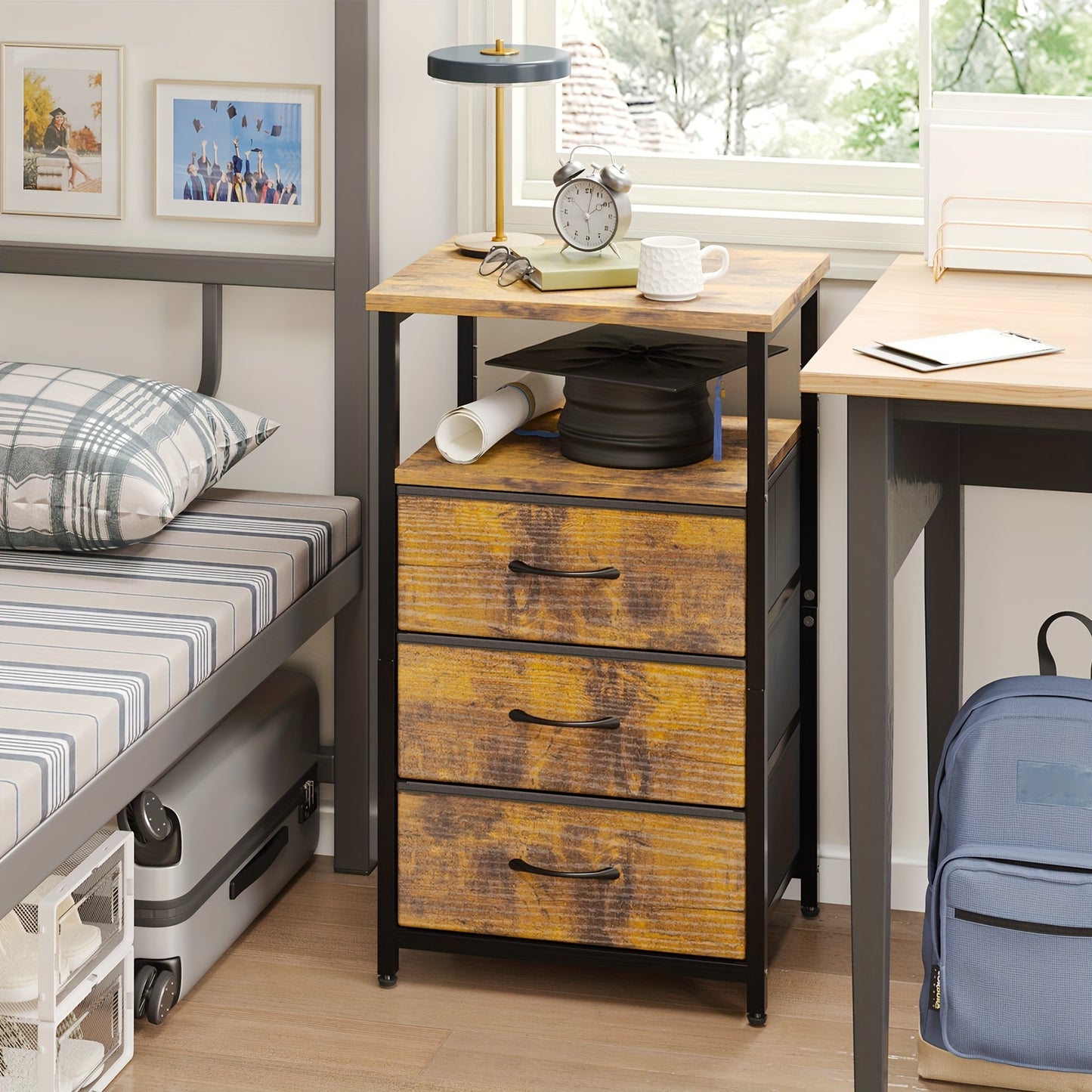 WHONLINE Night Stand with Charging Station and Fabric Drawers
