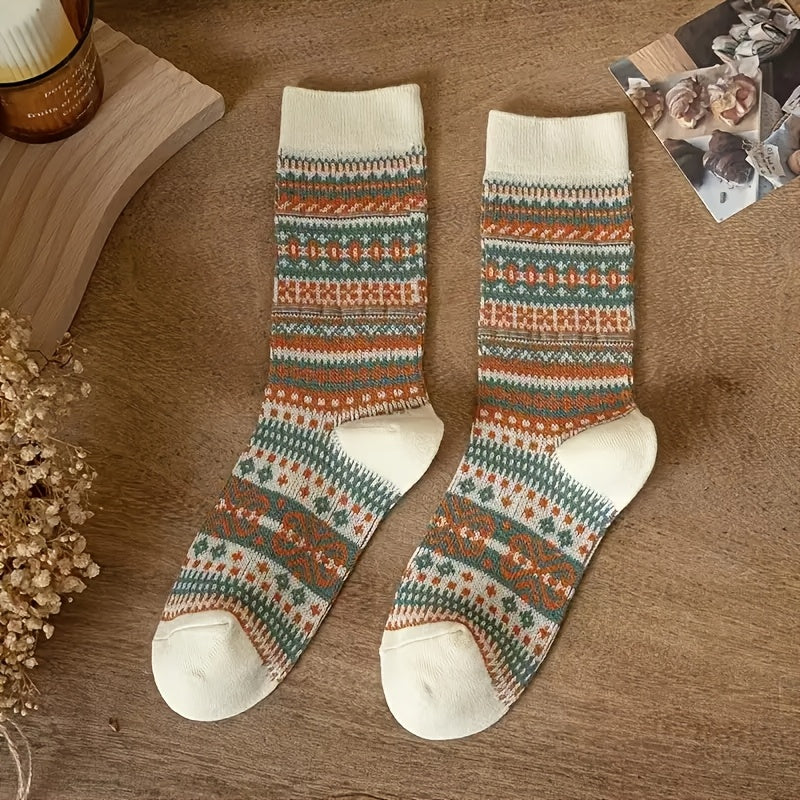 Retro Ethnic Mid Calf Socks For Women Chunky Knit Autumn