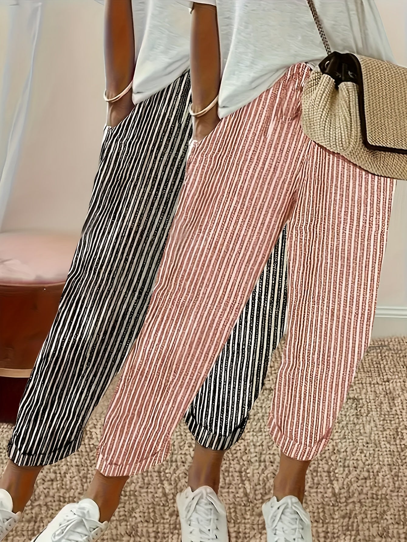 Two Pack Striped Casual Polyester Pants All Season Wear