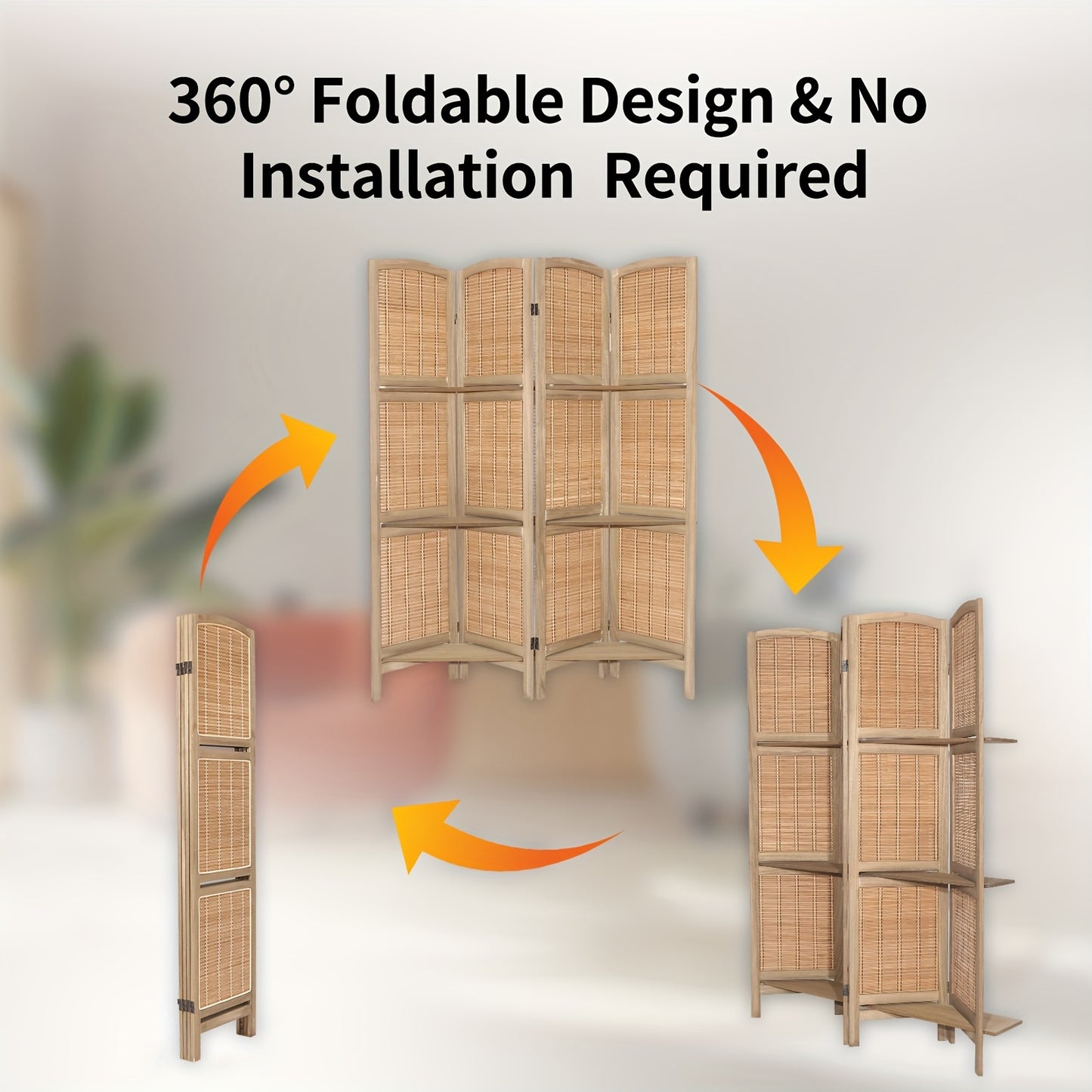 ZFFURN 4 Panel Folding Wood And Bamboo Privacy Screen