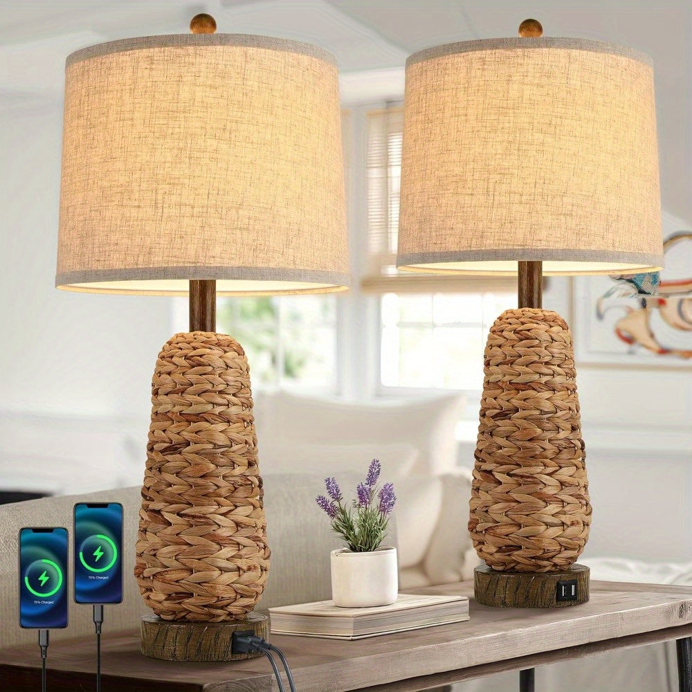 BrightEver Rattan Table Lamps Set With USB Ports 2