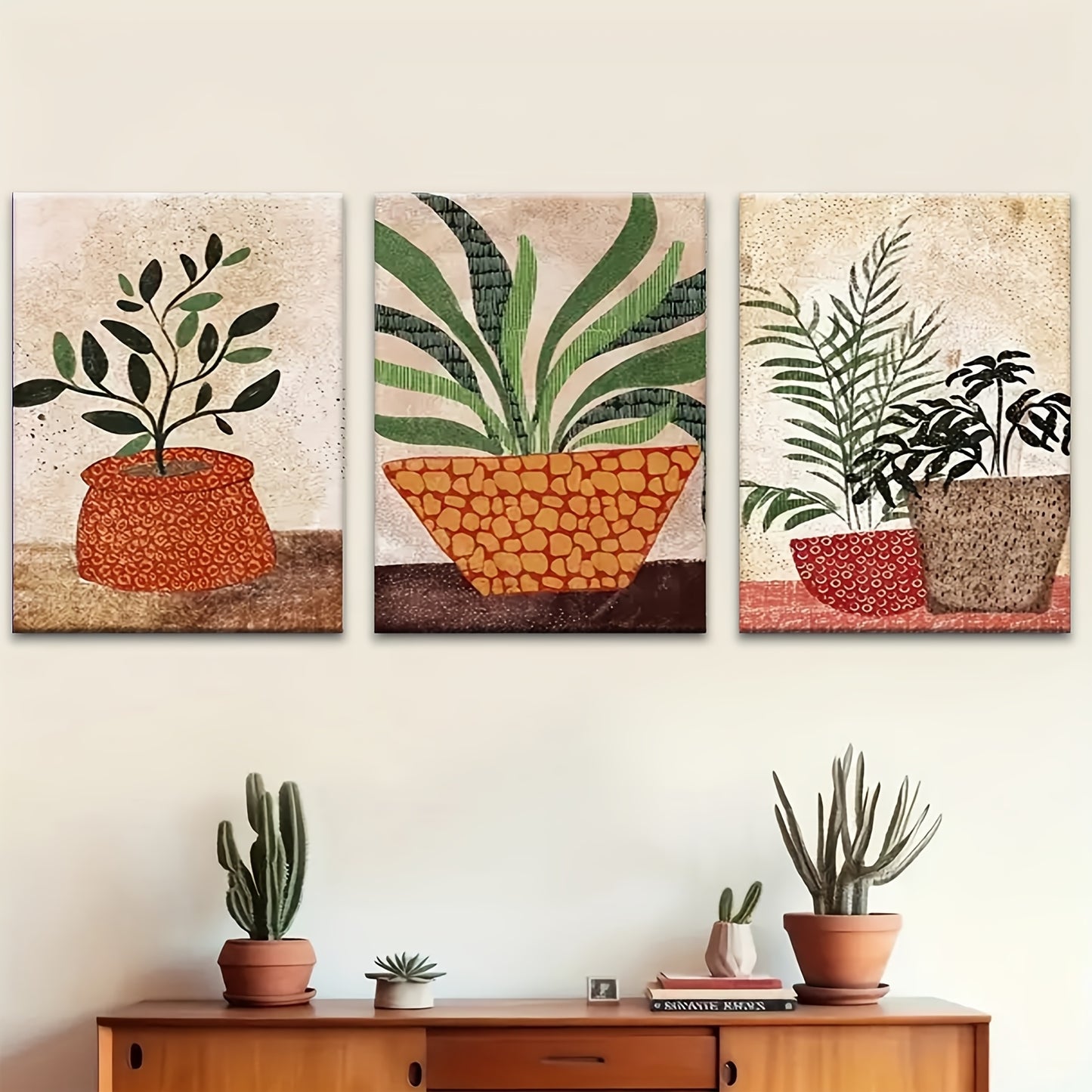 Boho Style Wooden Framed Wall Art Set with Green Abstract Design