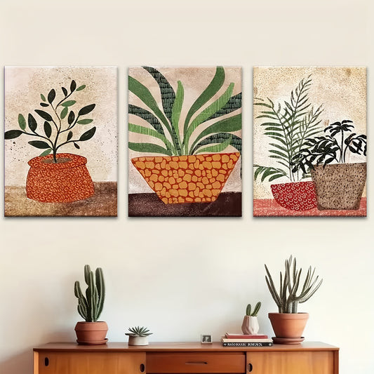 Boho Style Wooden Framed Wall Art Set with Green Abstract Design