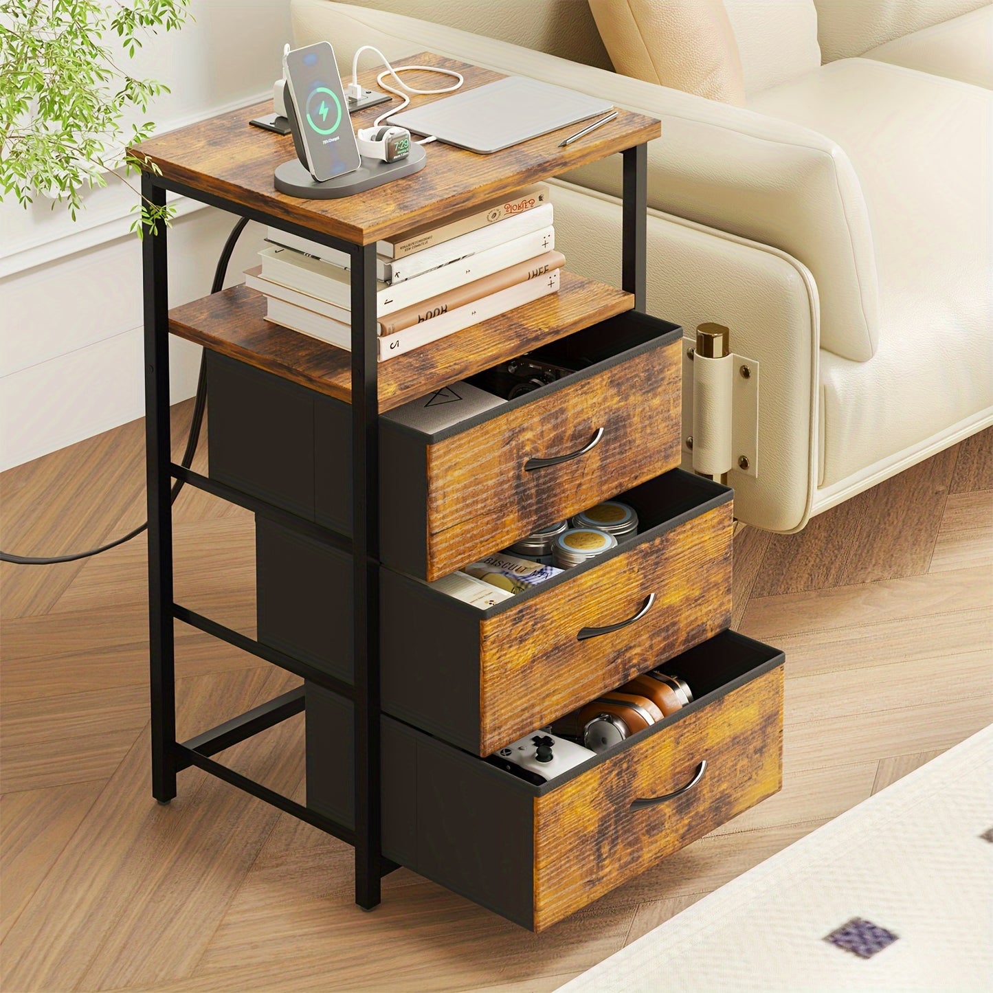WHONLINE Night Stand with Charging Station and Fabric Drawers
