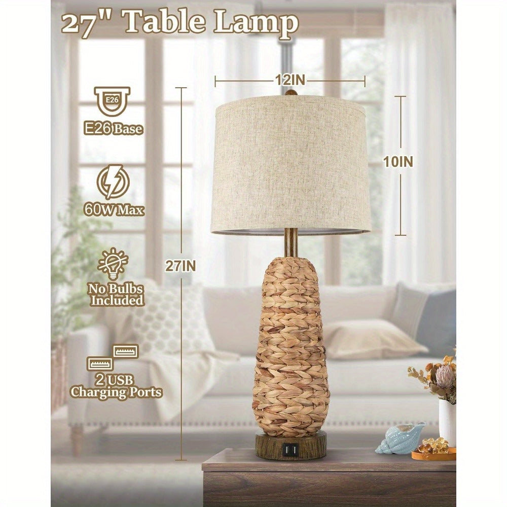 BrightEver Rattan Table Lamps Set With USB Ports 2