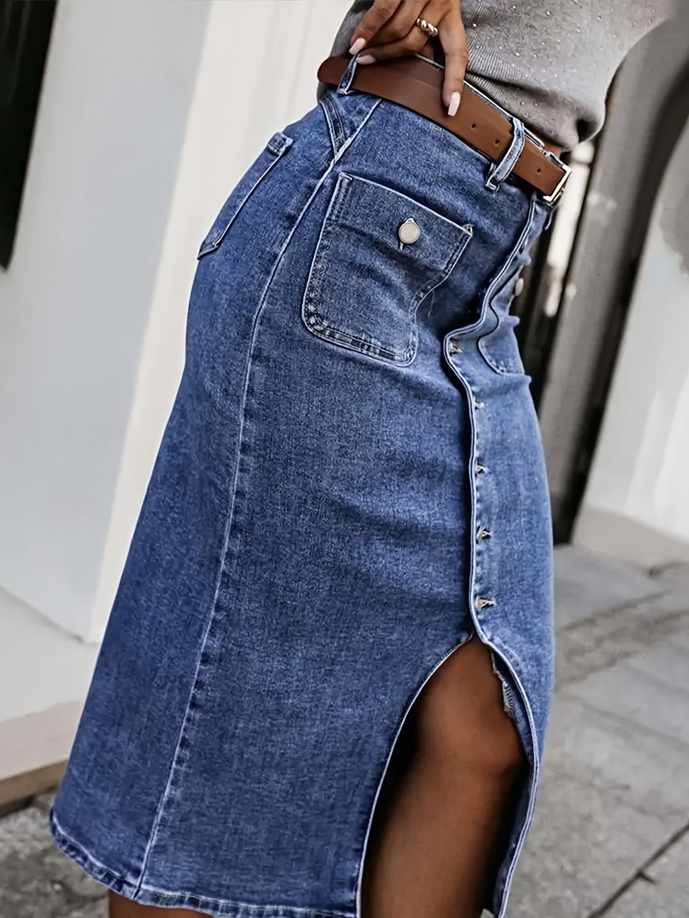 Elegant Denim Midi Skirt With Button Front And Slits