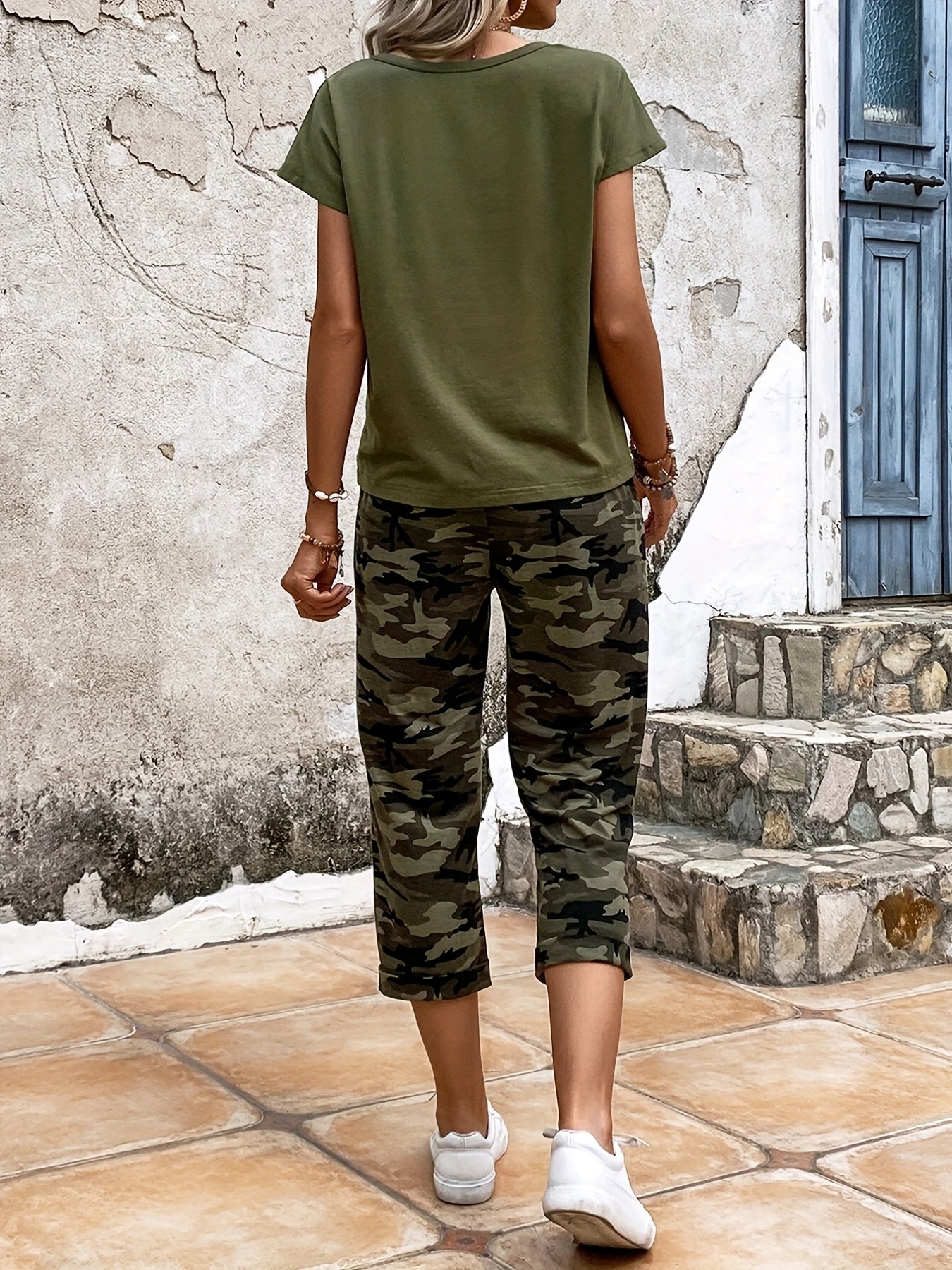 SCACTO Dolman Sleeve T Shirt Camouflage Drawstring Pants Set