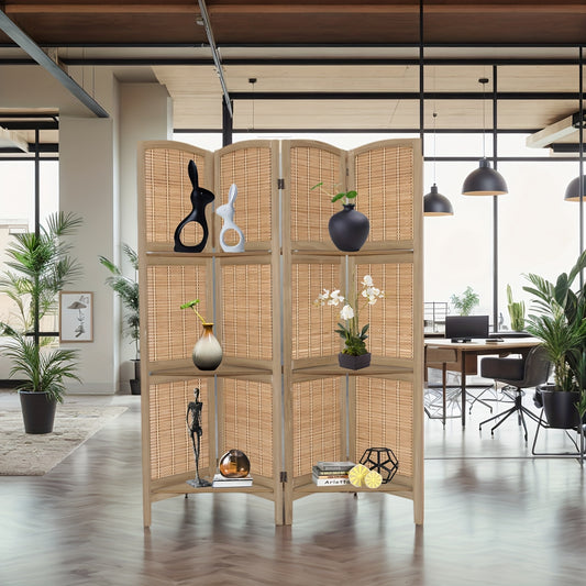 ZFFURN 4 Panel Folding Wood And Bamboo Privacy Screen